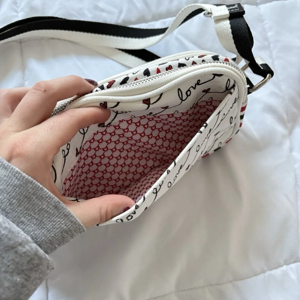 Brighton Love Scroll Canvas‎ Crossbody Bag Purse White Red Black Hearts